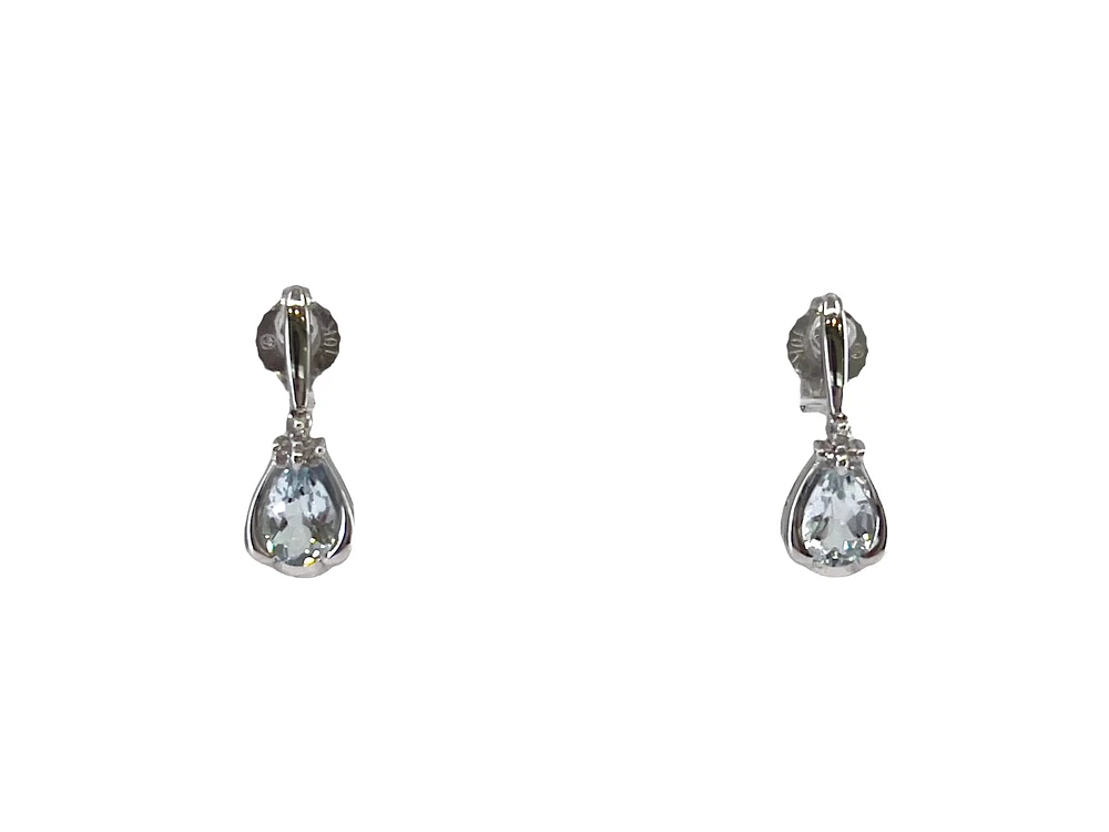 10K White Gold 0.70cttw Genuine Aquamarine Pear Cut & 0.03cttw Diamond Stud / Dangle / Drop Earrings