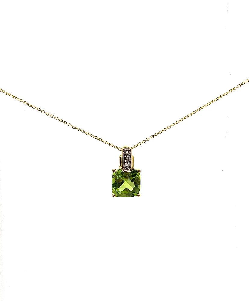 10K Yellow Gold 7mm Cushion Cut Peridot and 0.026cttw Diamond Pendant, 18"