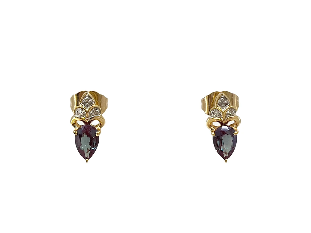 10K Gold 1.0cttw Created Alexandrite and 0.03cttw Diamond Earrings