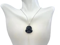10K White Gold 20mm Dyed Black Jade Buddha Pendant - 18"