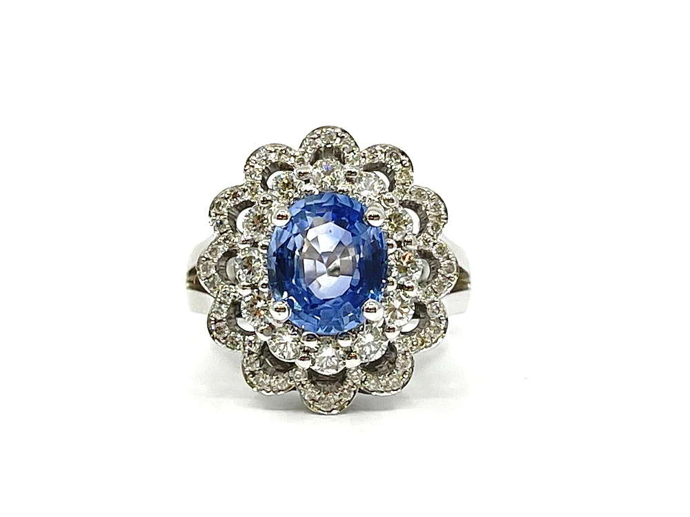 14K White Gold 3.03cttw Genuine Sapphire and 0.30cttw Diamond Ring, size 6.5