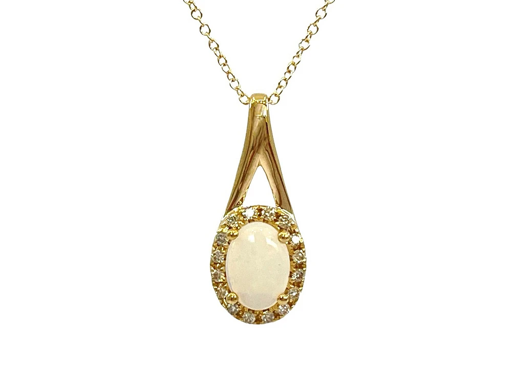 10K Yellow Gold 7x5mm Oval Cut White Opal and 0.08cttw Diamond Halo Pendant - 18 Inches