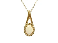 10K Yellow Gold 7x5mm Oval Cut White Opal and 0.08cttw Diamond Halo Pendant - 18 Inches