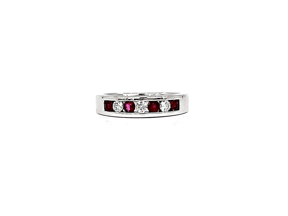 10K White Gold Ruby & Diamond Band-Size 6.5