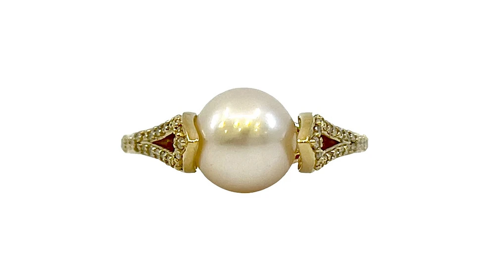 10K Yellow Gold Cultured Pearl and Diamond Ring, Size 6