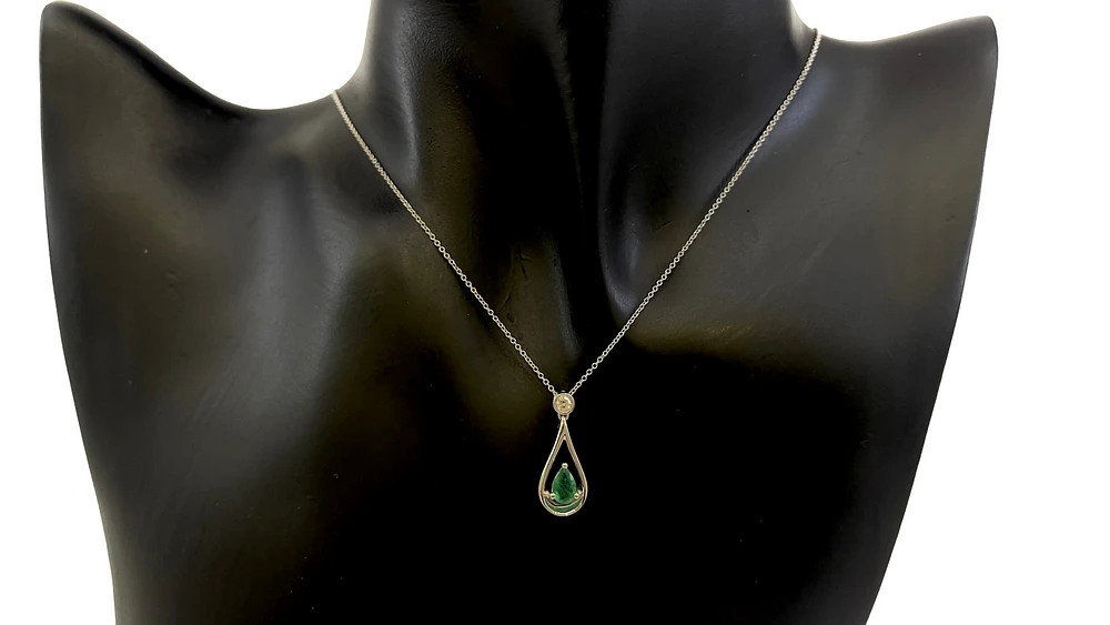 10K White Gold 6x4mm Pear Cut Emerald and 0.055cttw Diamond Pendant - 18 inches
