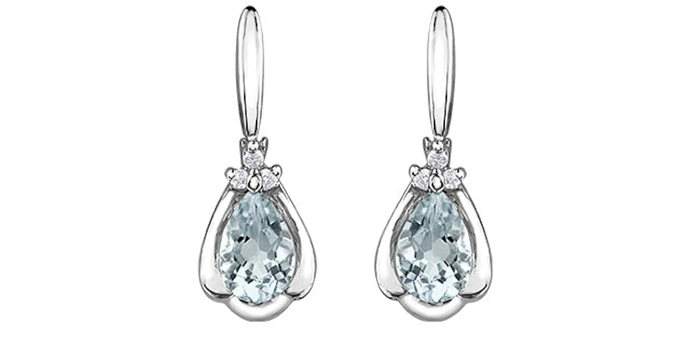10K White Gold 0.70cttw Genuine Aquamarine Pear Cut & 0.03cttw Diamond Stud / Dangle / Drop Earrings