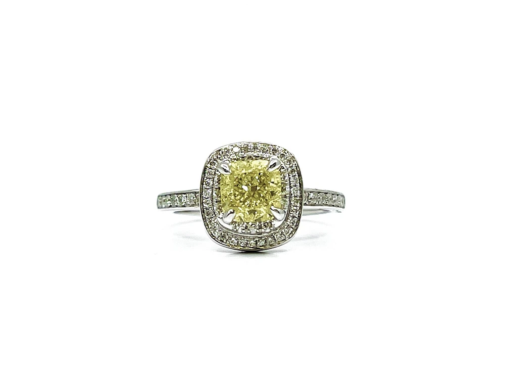 14K White Gold 1.33cttw Fancy Yellow and White Diamond Halo Engagement Ring, size 6