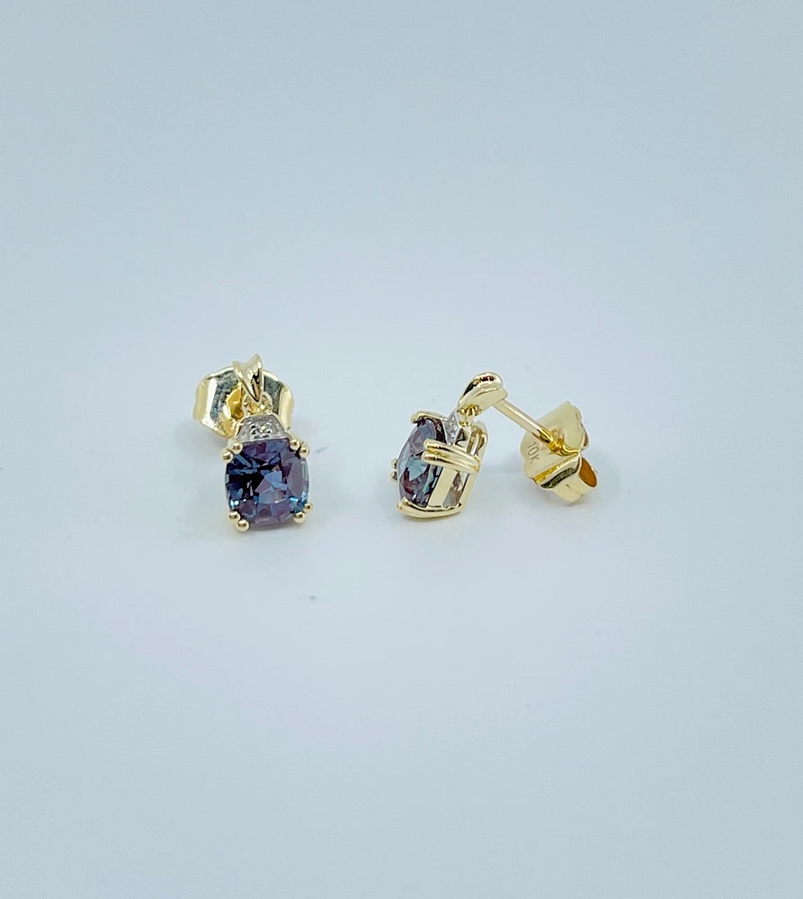 10K Yellow Gold Created Alexandrite and Diamond Earrings