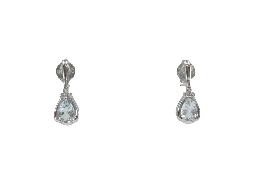 10K White Gold 0.70cttw Genuine Aquamarine Pear Cut & 0.03cttw Diamond Stud / Dangle / Drop Earrings