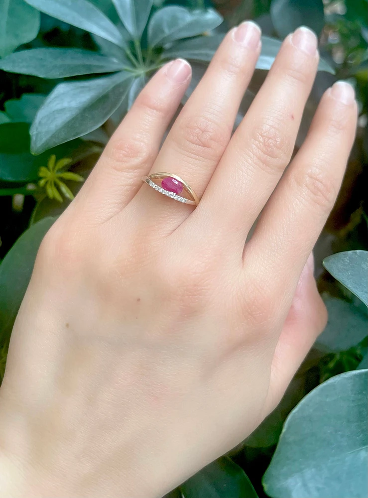 10K Two Tone Yellow and White Gold 6mm x 4mm Ruby and 0.05cttw Diamond Ring