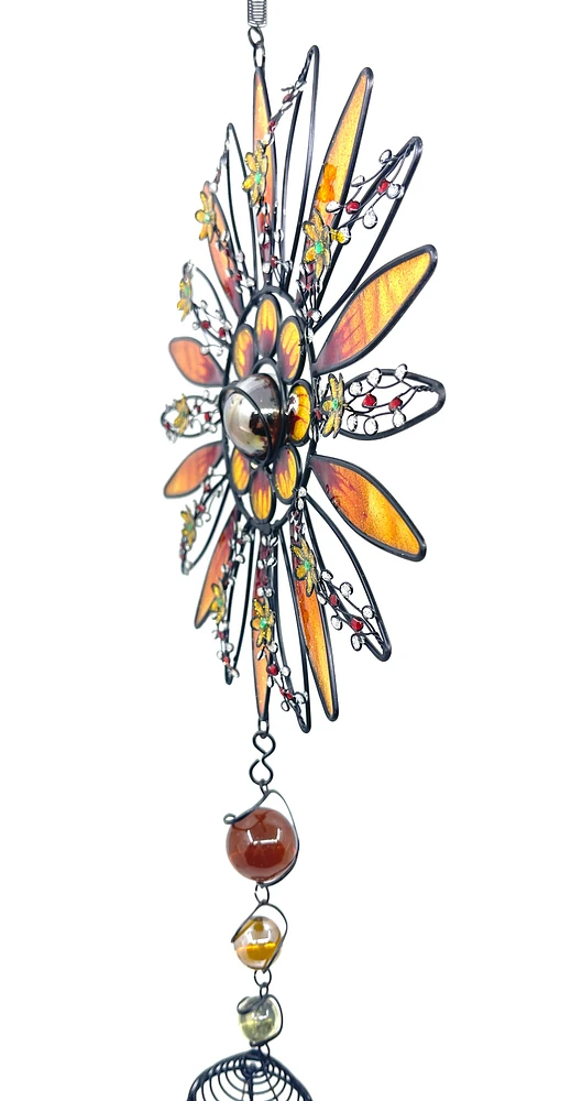 Black Metal & Glass Orange Flowers with Sunflower Windchime