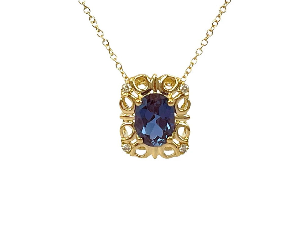 10K Yellow Gold 7x5mm Oval Cut Created Alexandrite and 0.03cttw Diamond Necklace - 18 Inches