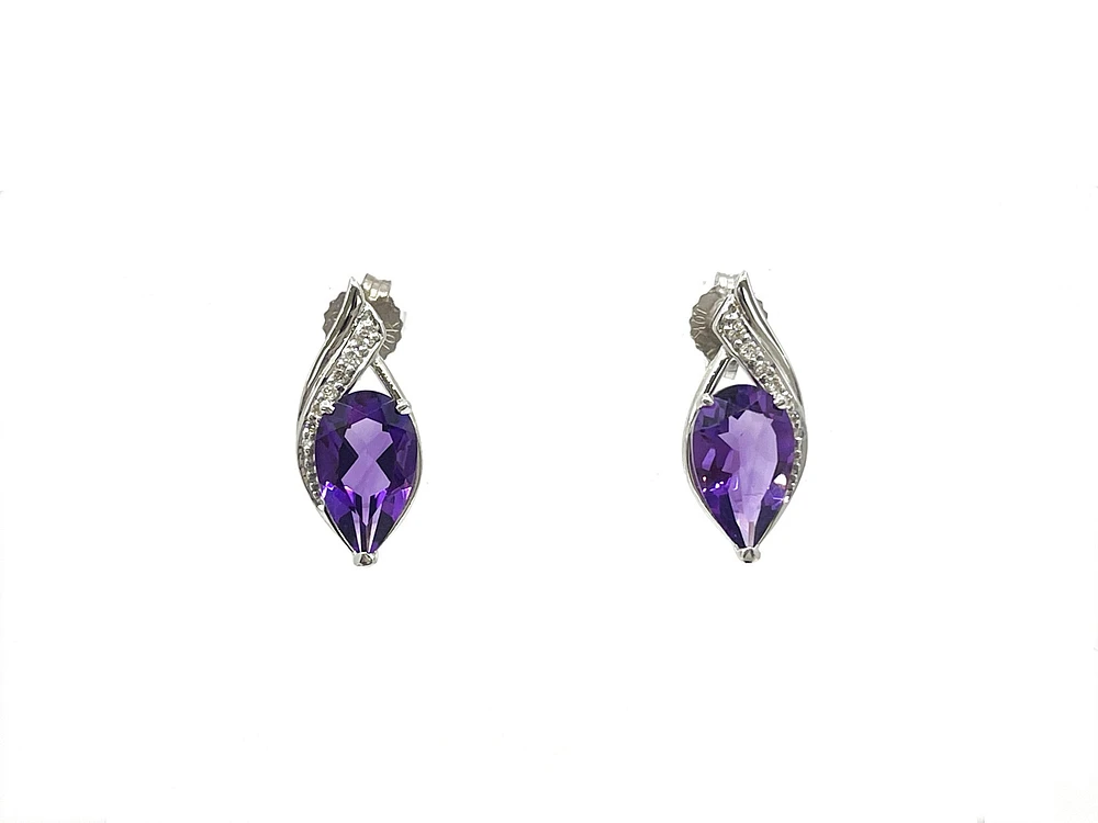 10K White Gold 10 x 6mm Genuine Amethyst and 0.07cttw Diamond Earrings