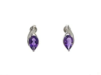 10K White Gold 10 x 6mm Genuine Amethyst and 0.07cttw Diamond Earrings