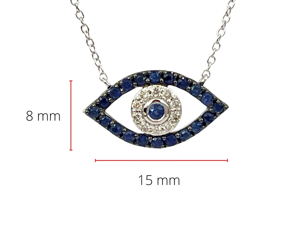 10K White Gold Sapphire & Diamond Evil Eye Pendant, 18"