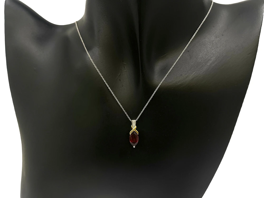10K White & Yellow Gold Garnet and Diamond Pendant, 18"