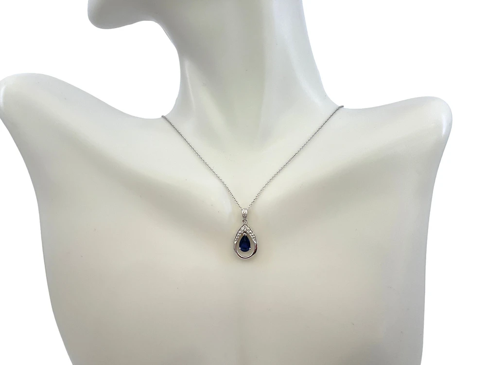 10K White Gold Sapphire and Diamond Pendant, 18"