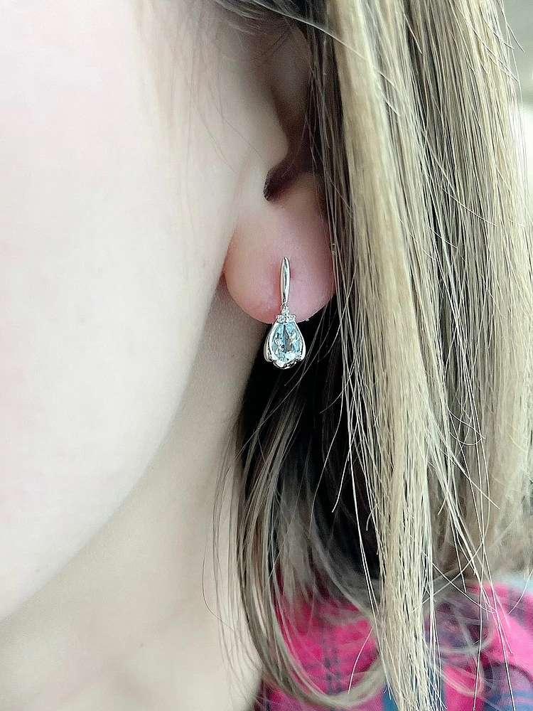 10K White Gold 0.70cttw Genuine Aquamarine Pear Cut & 0.03cttw Diamond Stud / Dangle / Drop Earrings