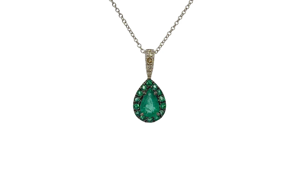10K White Gold 0.47cttw Pear Cut Emerald and 0.055cttw Diamond Pendant, 18"