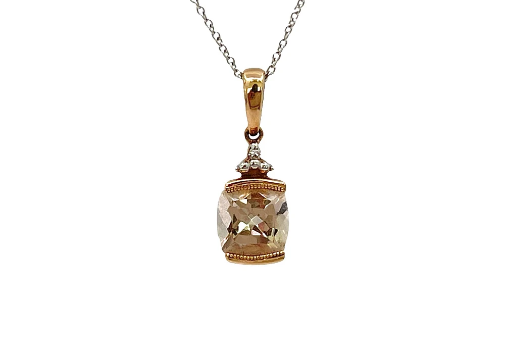 10K Rose Gold 6mm Cushion Cut Morganite and 0.01cttw Diamond Pendant, 18"