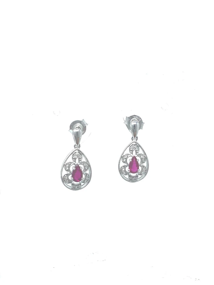 10K White Gold 0.55cttw Genuine Ruby and 0.11cttw Diamond Earrings