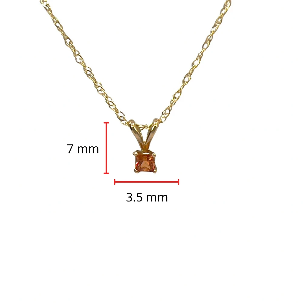10K and 14K Yellow Gold Princess Cut Orange Sapphire Pendant, 18"