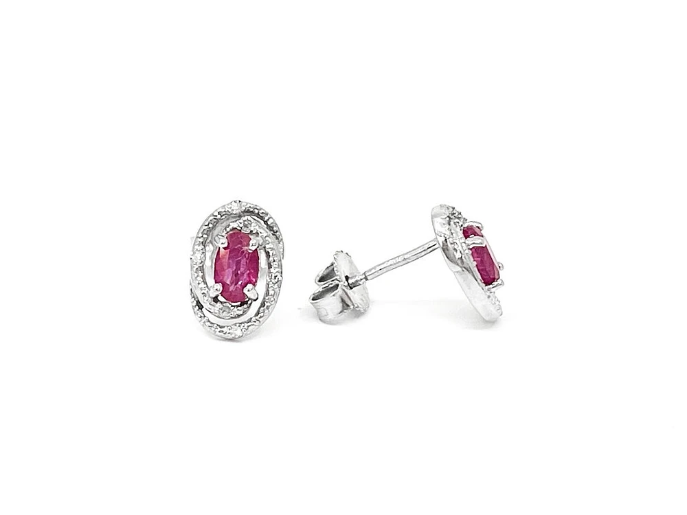925 Sterling Silver Ruby & Diamond Halo Stud Earrings