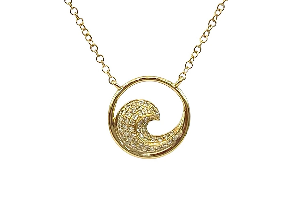 14K Yellow Gold 0.12cttw Diamond WavePendant, 18"