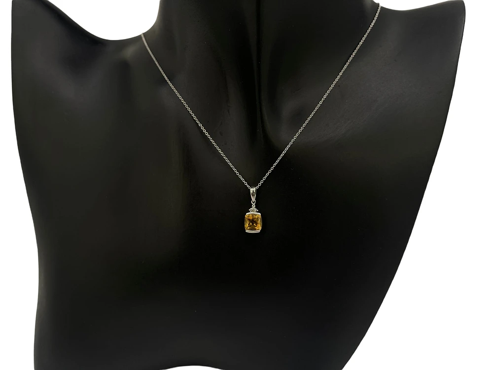 10K White Gold 1.00cttw Cushion Cut Citrine and 0.007cttw Diamond Pendant, 18"