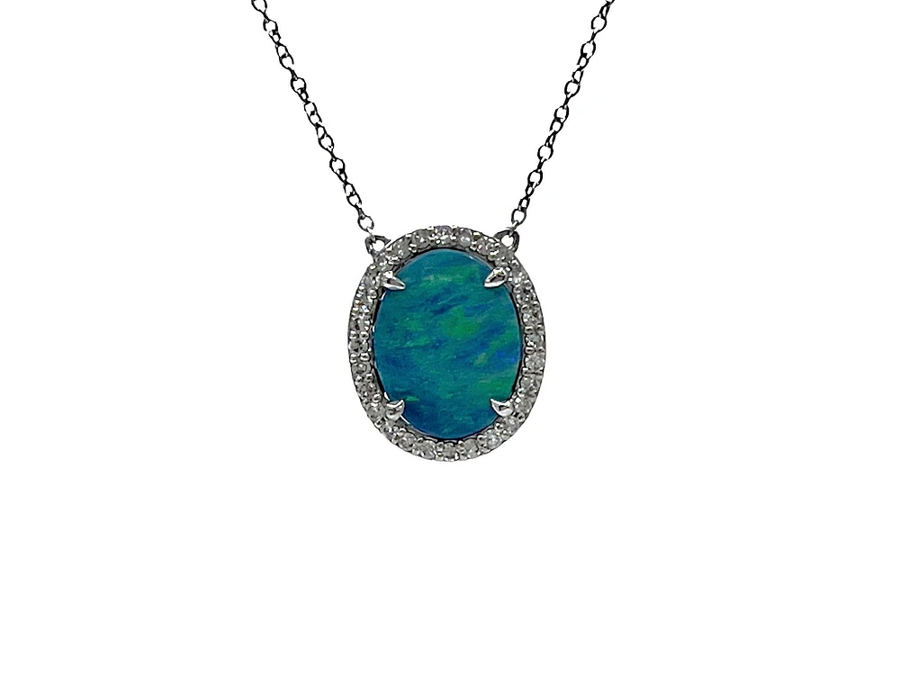 10K White Gold Custom Made Australian Opal Doublet and Diamond Pendant, 18"
