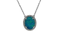 10K White Gold Custom Made Australian Opal Doublet and Diamond Pendant, 18"