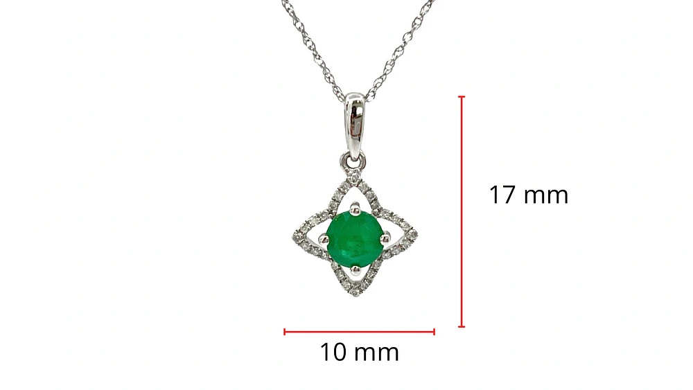 10/14K White Gold Emerald and Diamond Pendant, 18"
