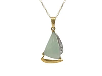 10K Yellow Gold Sailboat Shape Jade Pendant with Diamonds - 18"