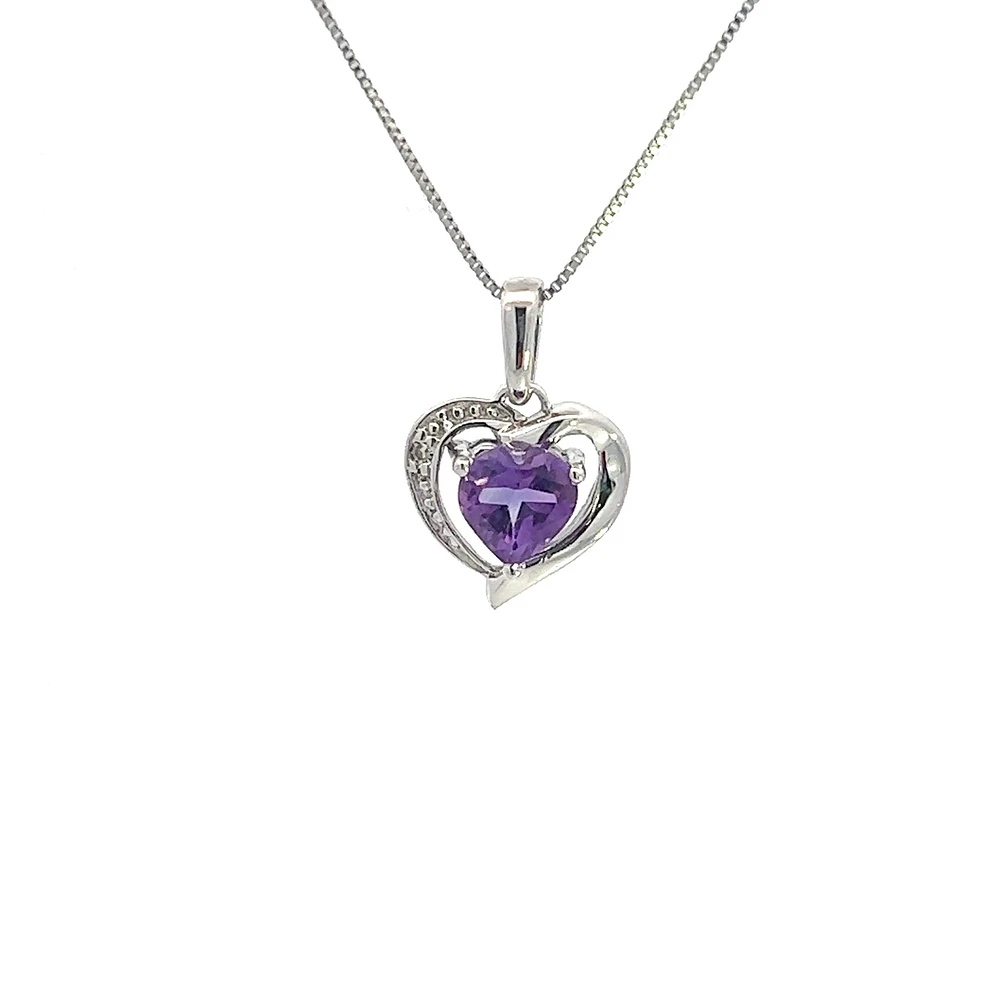 10K White Gold Amethyst and Diamond Pendant - 18"