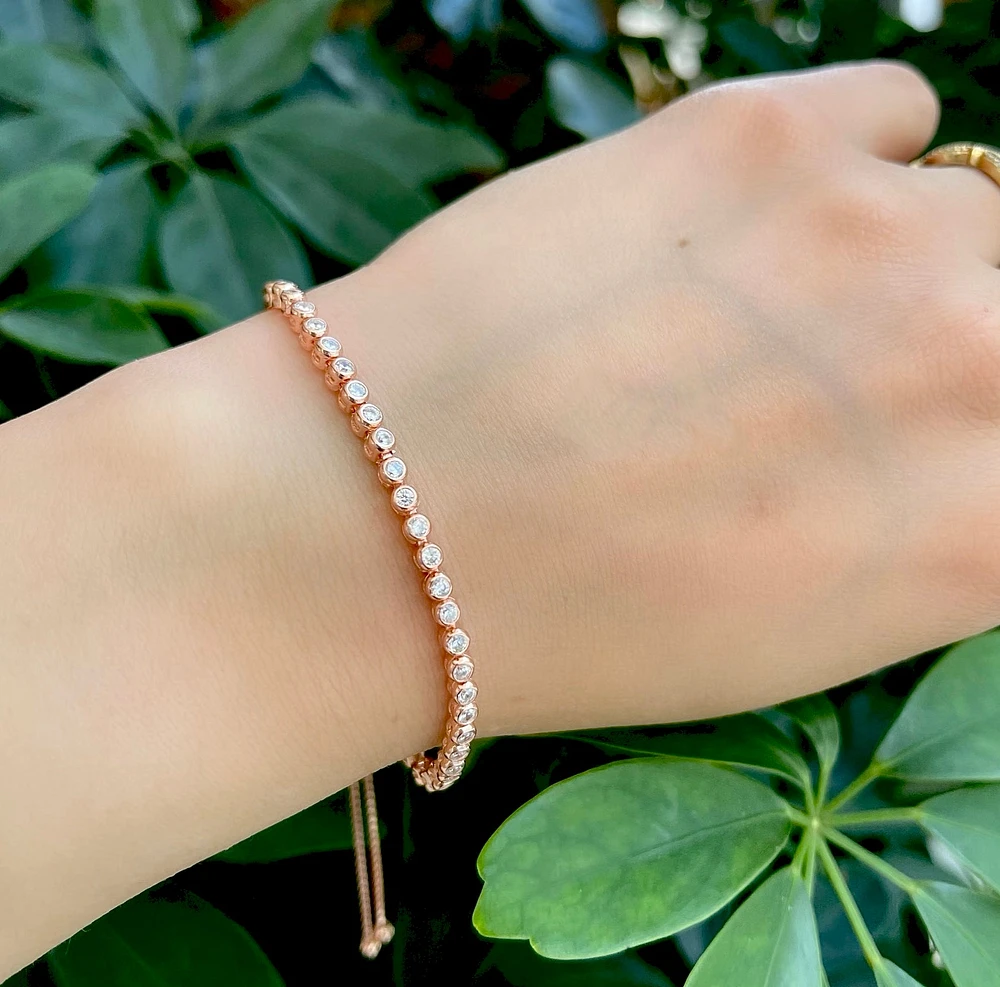 925 Sterling Silver 2mm Cubic Zirconia Rose Gold Bezel Set Tennis Bracelet with Adjustable ends - 5 - 11 Inches