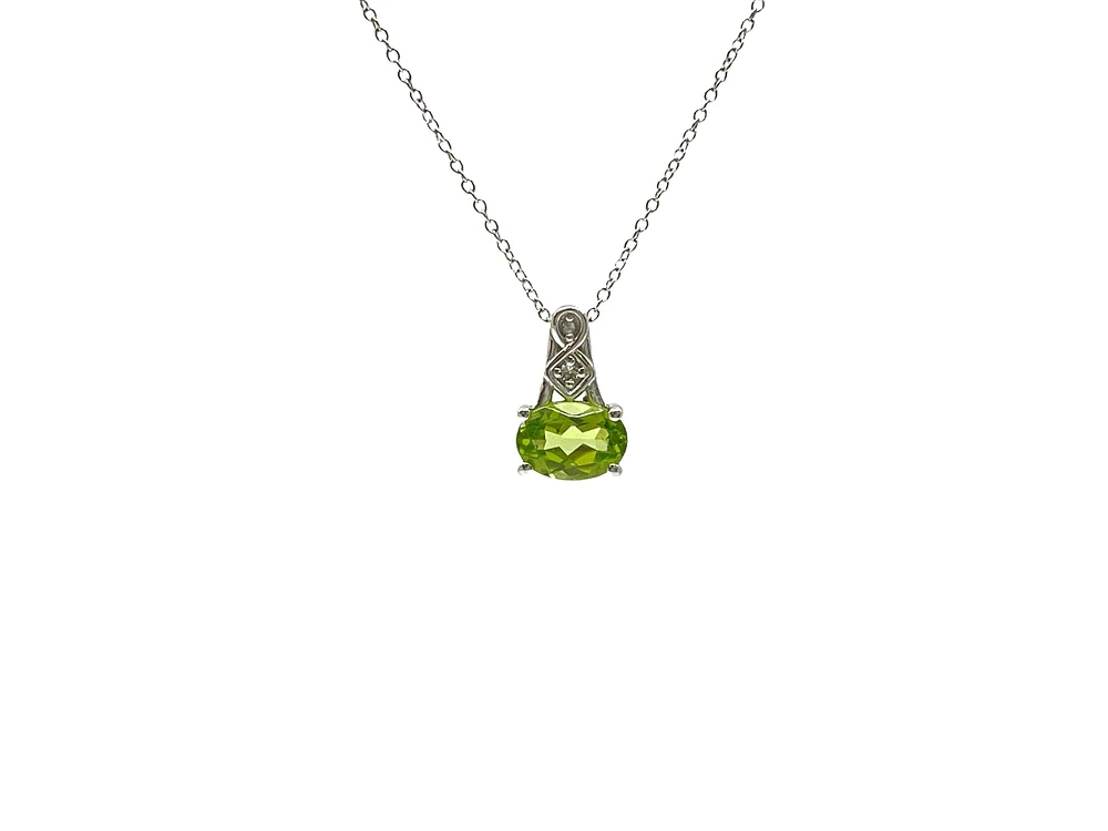 10K White Gold 7x5mm Oval Cut Peridot and 0.013cttw Diamond Pendant, 18"