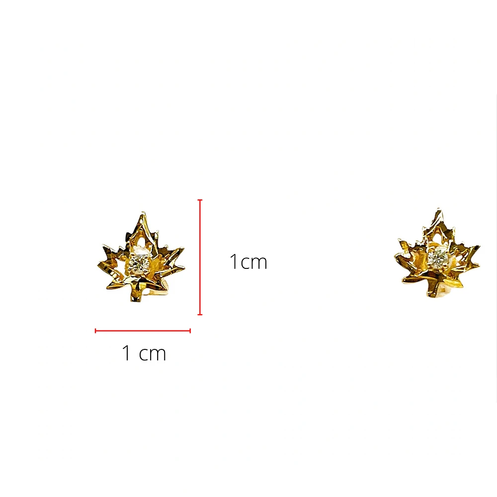 14K Yellow Gold 0.06cttw Diamond Little Leaf Stud Earrings with Butterfly Backs