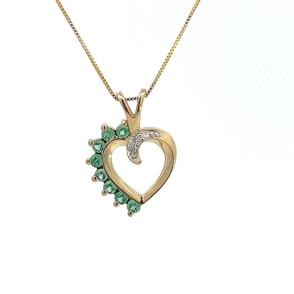 10K Yellow Gold 0.03 cttw Diamond and Emerald Heart Pendant, 18"