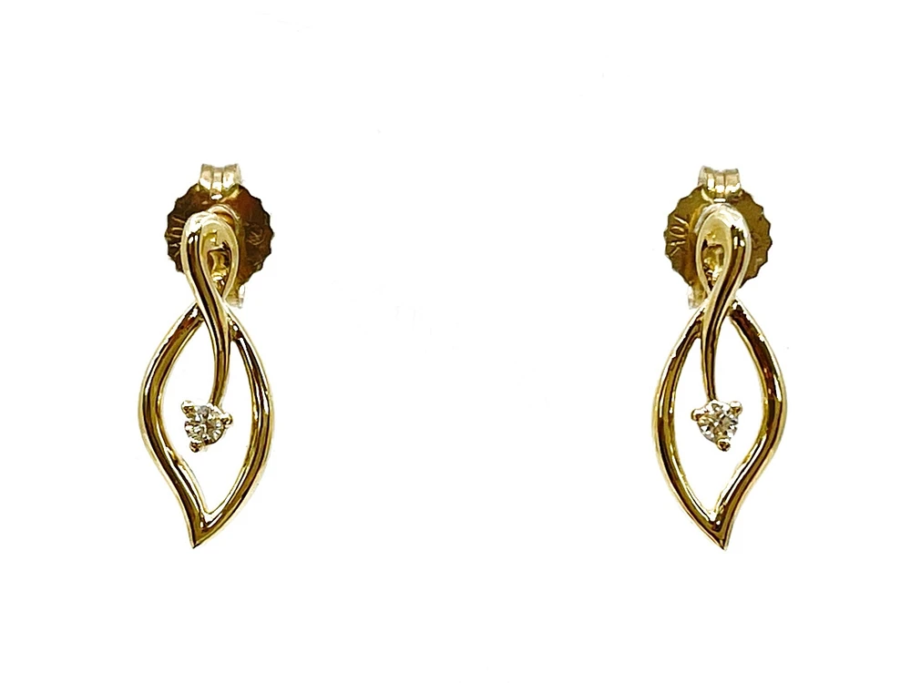 10K Yellow Gold 0.04cttw Diamond Leaf Earrings - 15mm x 6mm