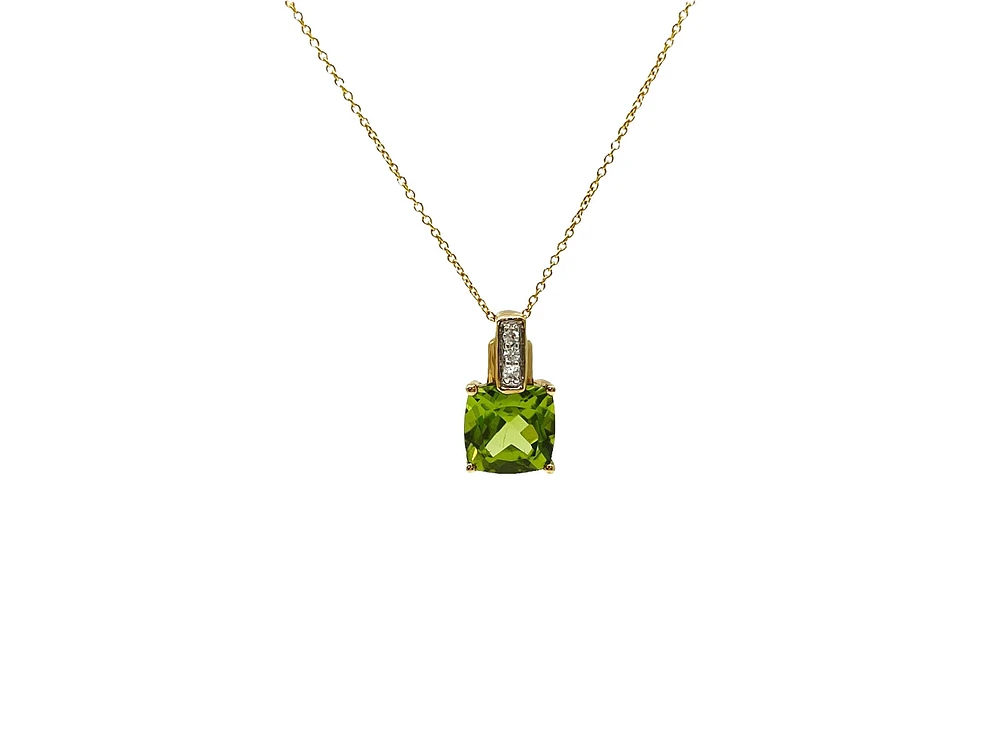 10K Yellow Gold 7mm Cushion Cut Peridot and 0.026cttw Diamond Pendant, 18"
