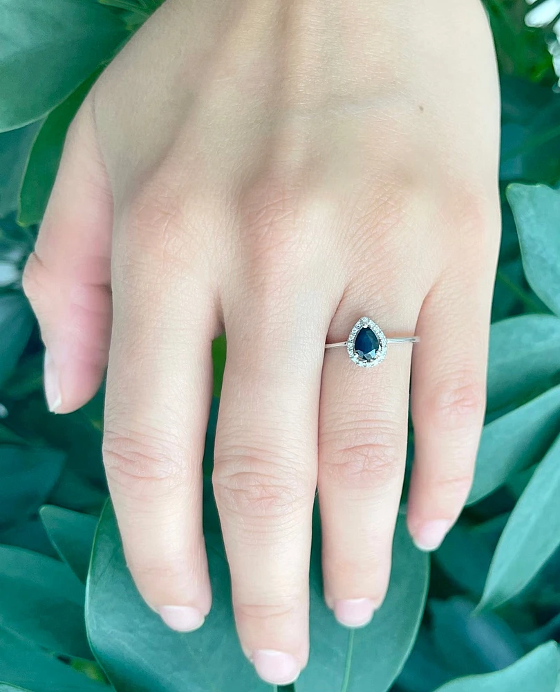 10K White Gold 0.60cttw Genuine Pear Shaped Sapphire and 0.16cttw Diamond Ring