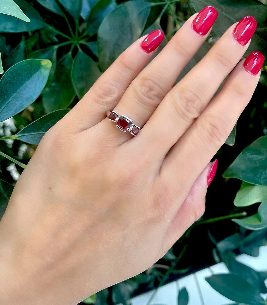 10K White Gold 6mm and 4mm Cushion Cut Garnet and 0.014cttw Diamond Ring - Size 7