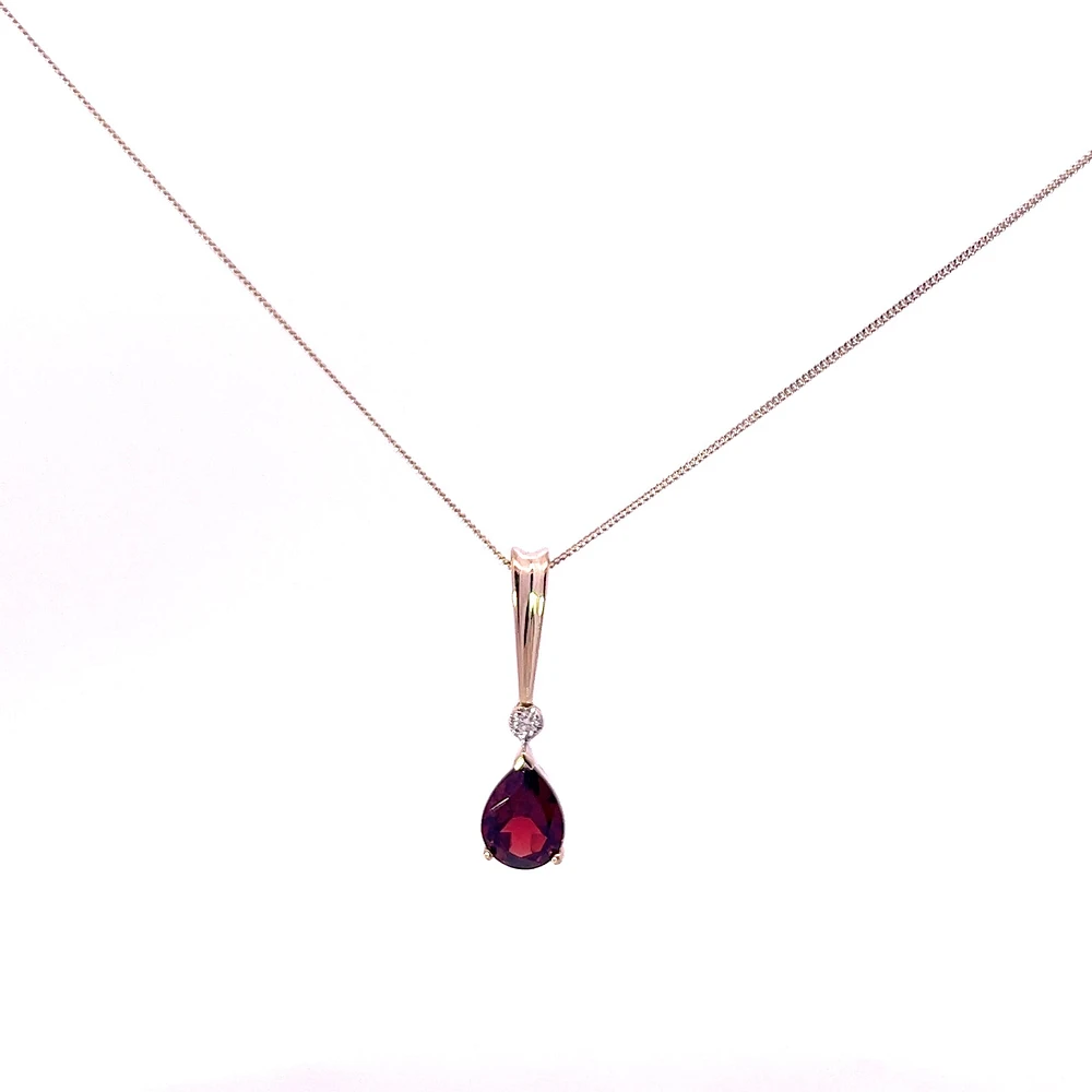 10K Yellow Gold 0.02 cttw Diamond and Garnet Pendant, 18"