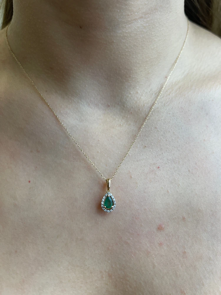 10K Yellow Gold Emerald and Diamond Pendant, 18"