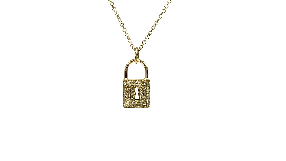 14K Yellow Gold 0.12cttw Diamond Lock Pendant, 18"