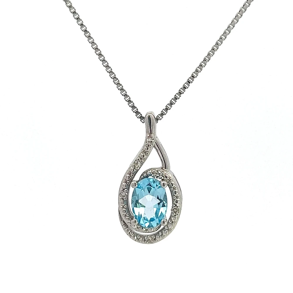 925 Sterling Silver Blue Topaz & Diamond Necklace