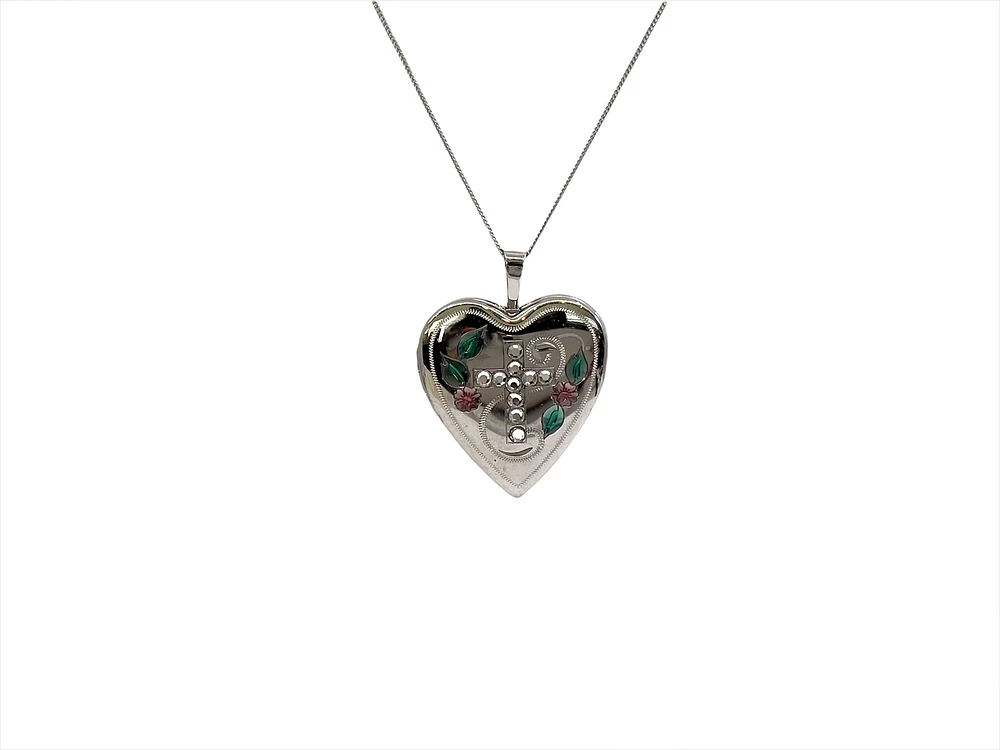 925 Sterling Silver Locket with Cubic Zirconia Cross and Decals with Chain - 18 Inches
