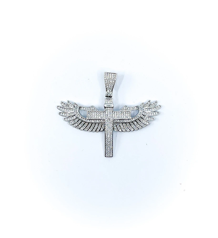 Angel Wings Cross Sterling Silver Charm w /CZ