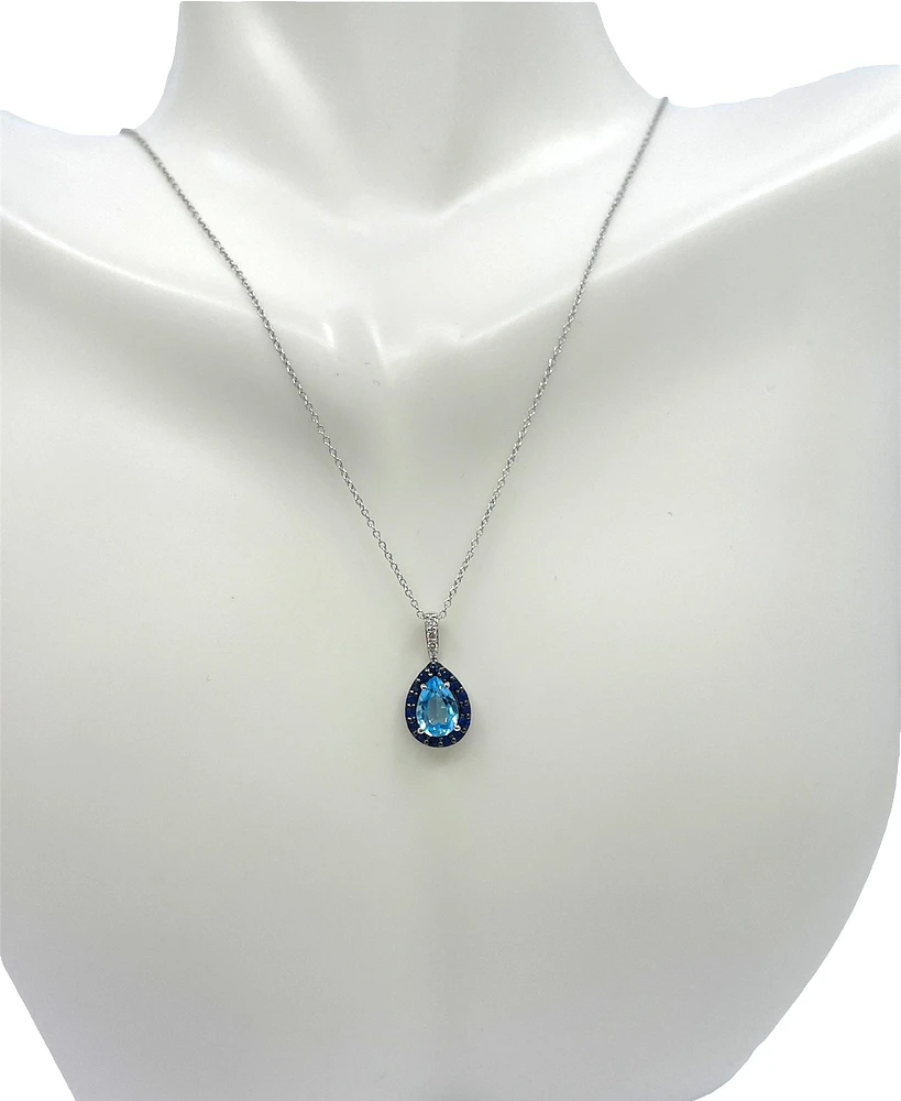 10K White Gold 7x5mm Pear Cut Sky Blue Topaz with Blue Sapphire Halo and 0.03cttw Diamond Necklace - 18 Inches